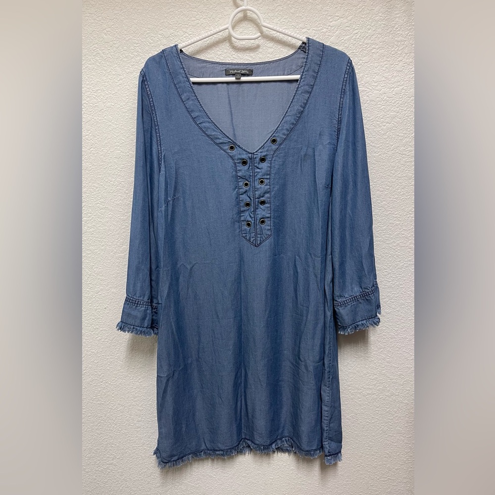 MICHAEL STARS Tencel Denim V Neck Raw Fringe Hem Dress Size L